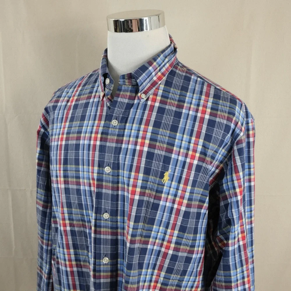 Polo Ralph Lauren XXL Custom Fit Button Down Shirt Red White Blue Plaid Mens